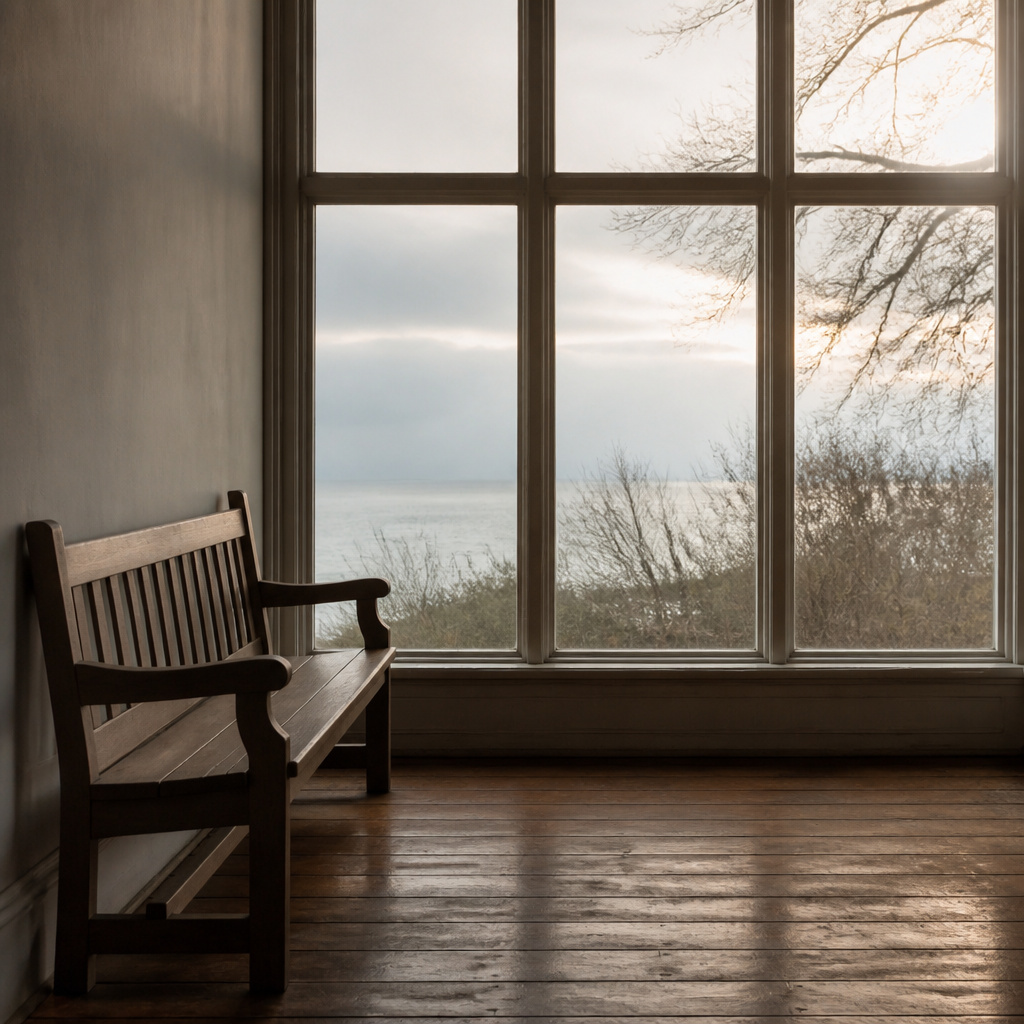 Een leeg houten bankje bij een raam met uitzicht op zee bij schemering, ingetogen sfeer bij het thema detransitie