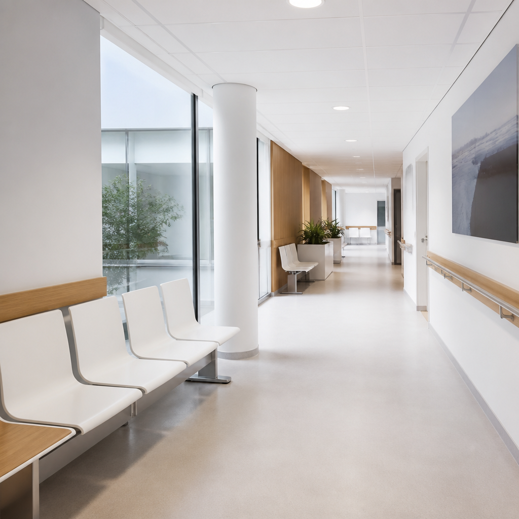 Een lichte ziekenhuisgang met wachtstoelen in een Nederlandse zorginstelling