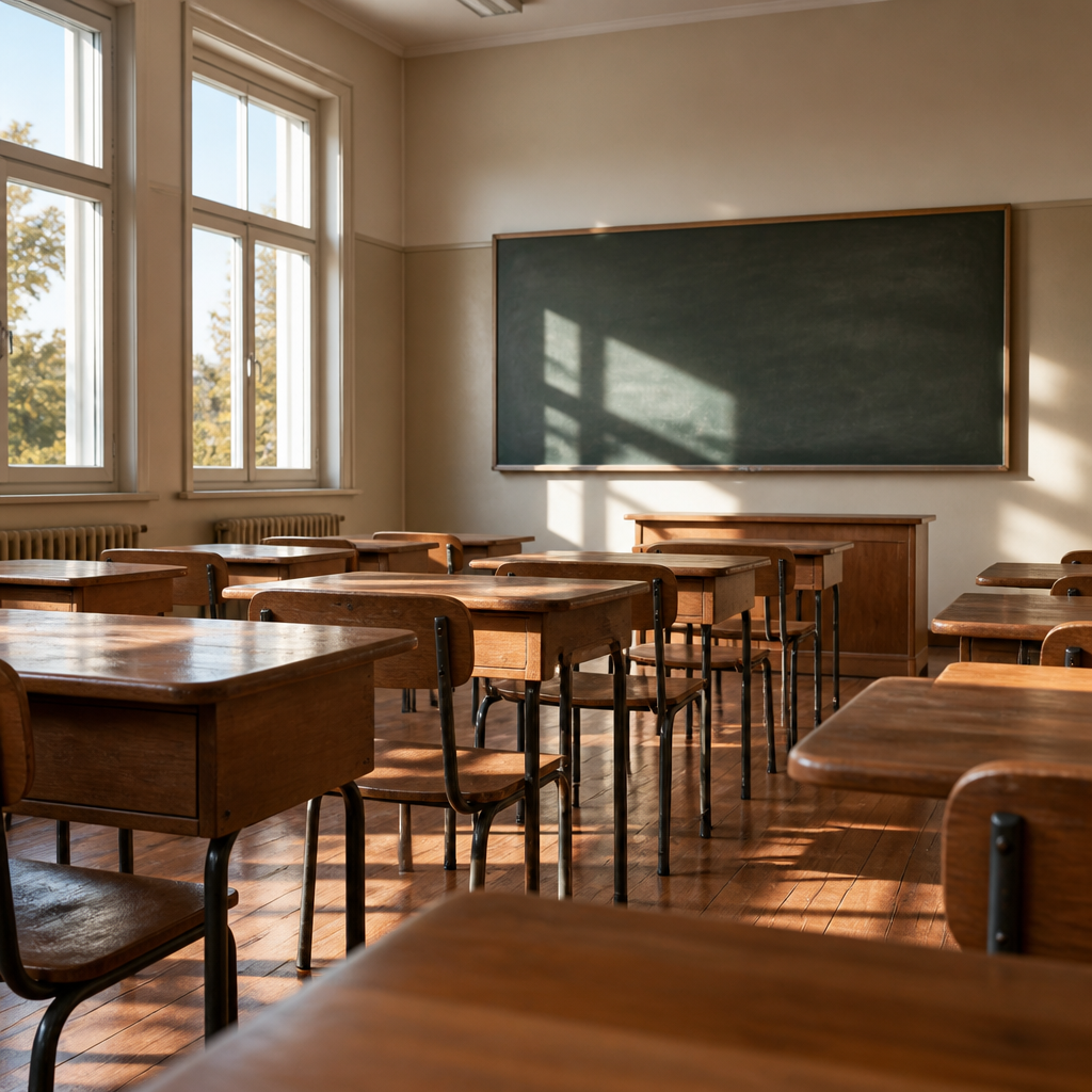 Een leeg klaslokaal met houten schoolbanken en een schoolbord in ochtendlicht