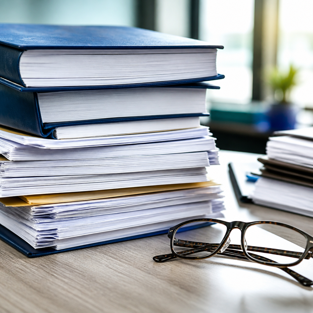 Een stapel medische richtlijnen en dossiers met een leesbril op een bureau