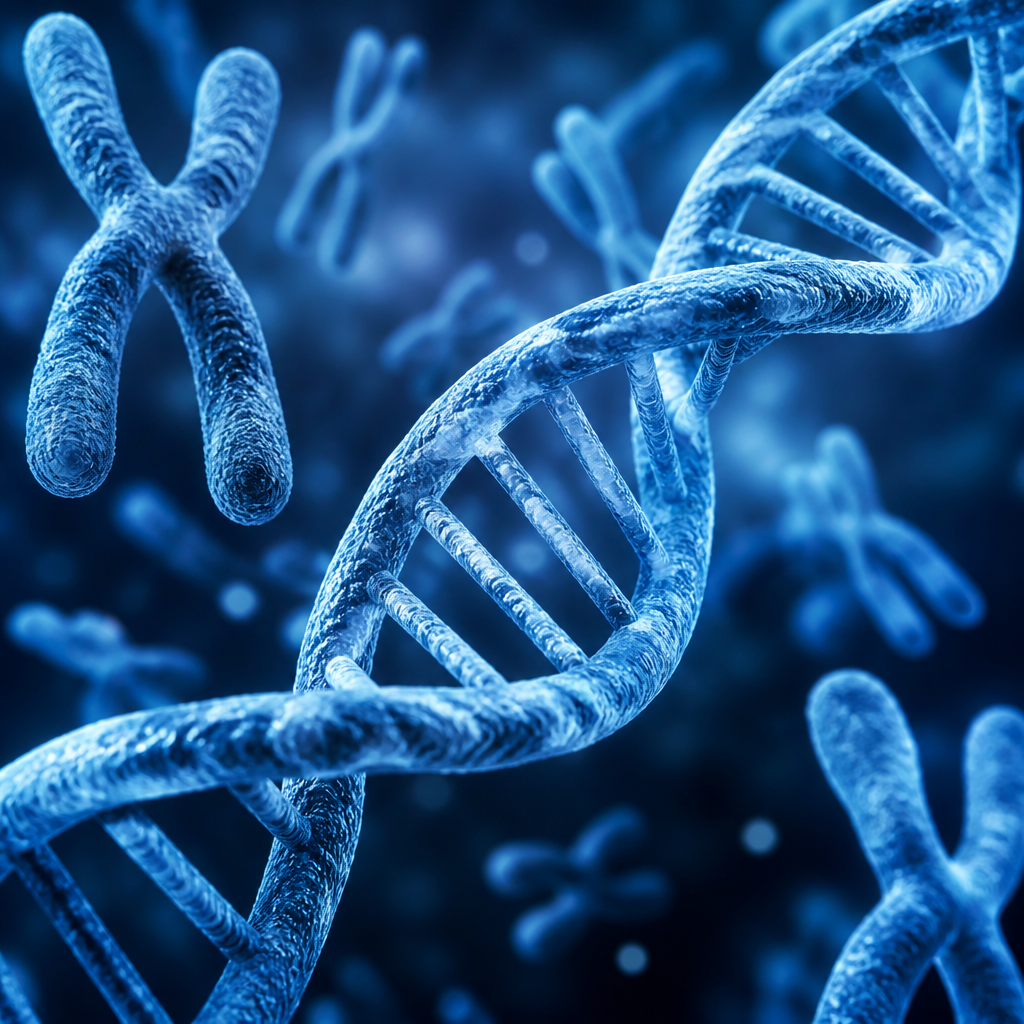 Wetenschappelijke visualisatie van een DNA-helix en X-chromosomen in blauwtinten, symbool voor biologische sekse