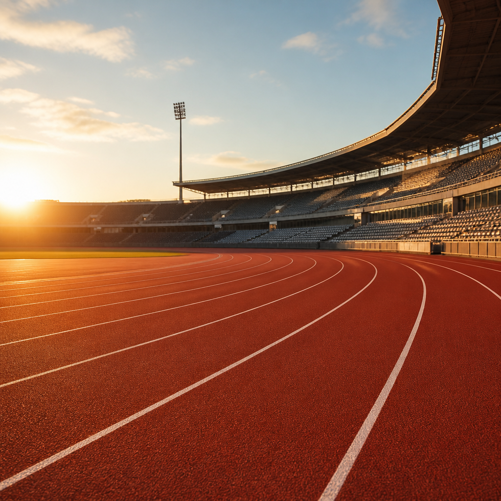 Een lege atletiekbaan in een stadion bij ochtendlicht, symbool voor op sekse gebaseerde sportcategorieen