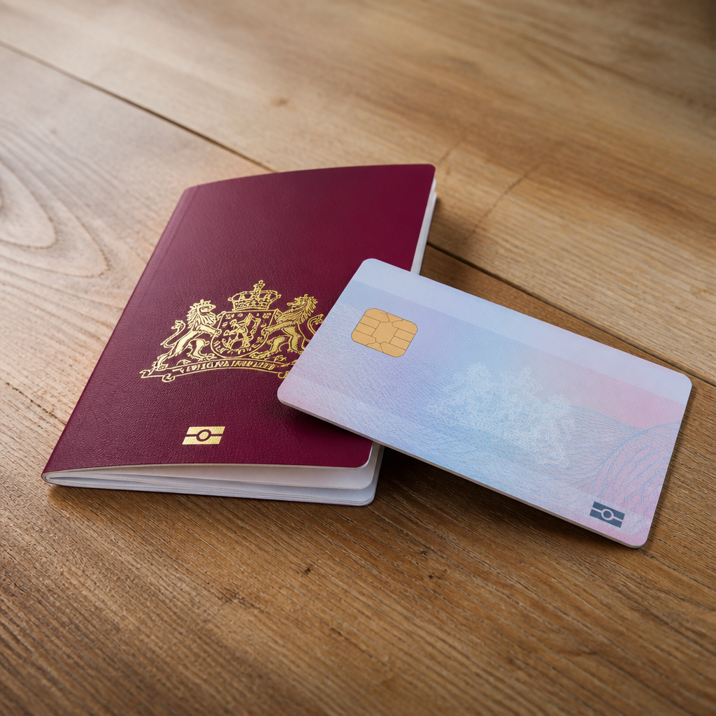 Een Nederlands paspoort en identiteitskaart op een houten bureau, symbool voor wijziging van de geslachtsregistratie